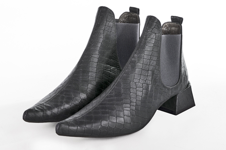 Dark grey women's ankle boots with buckles. Pointed toe. Low flare heels. Front view - Florence KOOIJMAN